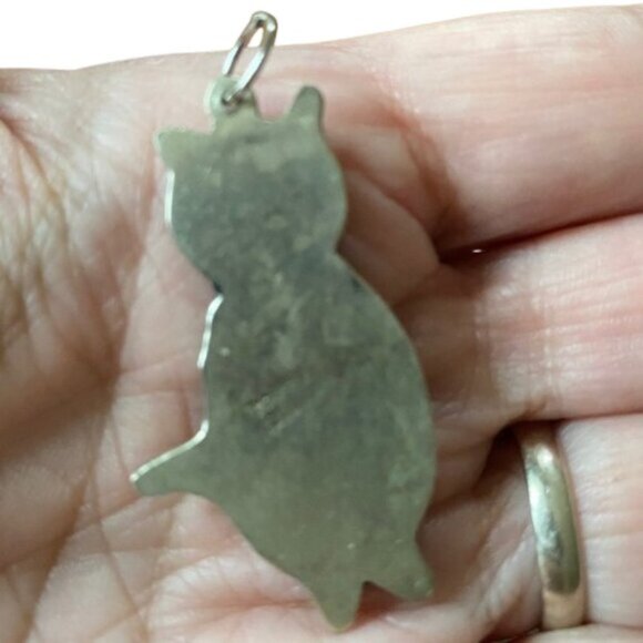 Vintage Abalone Alpaca (Mexican Silver)  and inlaid Enamel Cat Kitty Pendant - Picture 7 of 7